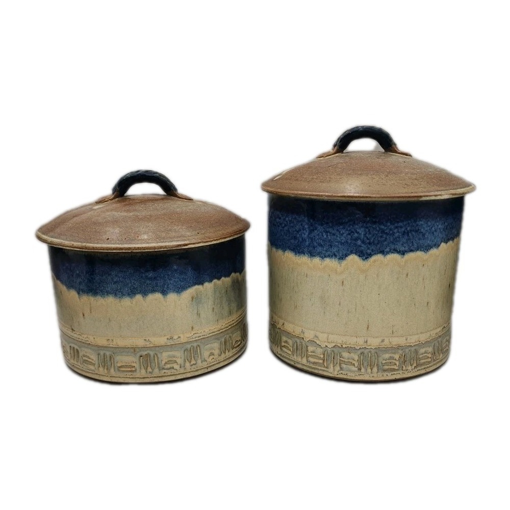 Vintage Stoneware Studio Pottery Cobalt Blue Brown Cannisters With Lids Handmade